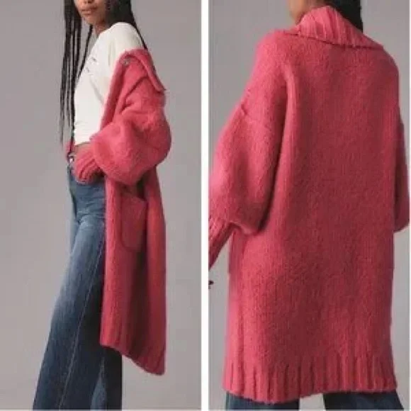 Anthropologie Brushed Cardigan Knit Sweater Coat Large Neon Pink - Picture 2 of 9